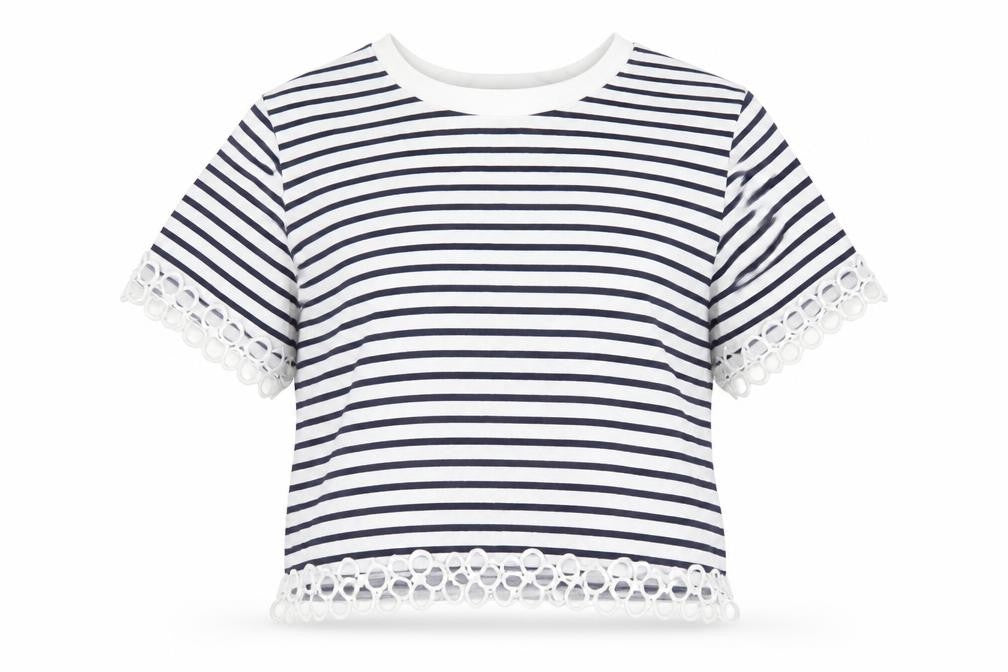 Forever 21 Womens Blue Striped 100% Cotton Cropped T-Shirt Size S Round Neck - Floral Embroidery Trim