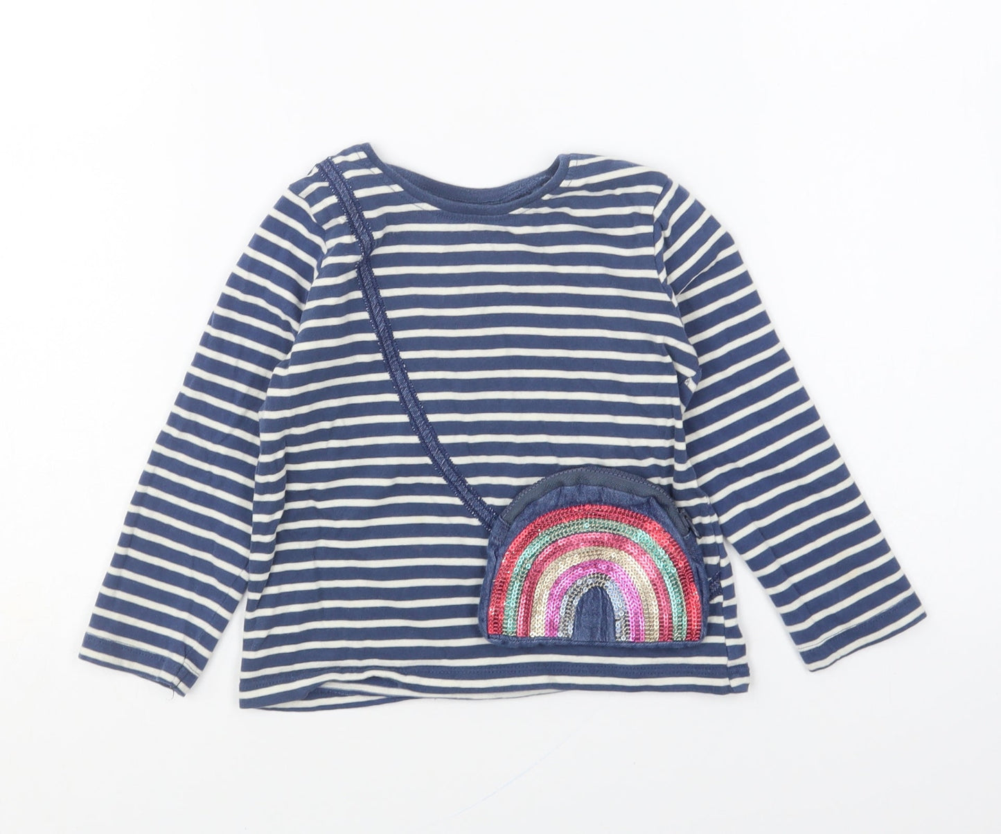 NEXT Girls Blue Striped Cotton Basic T-Shirt Size 2-3 Years Round Neck Pullover - Rainbow