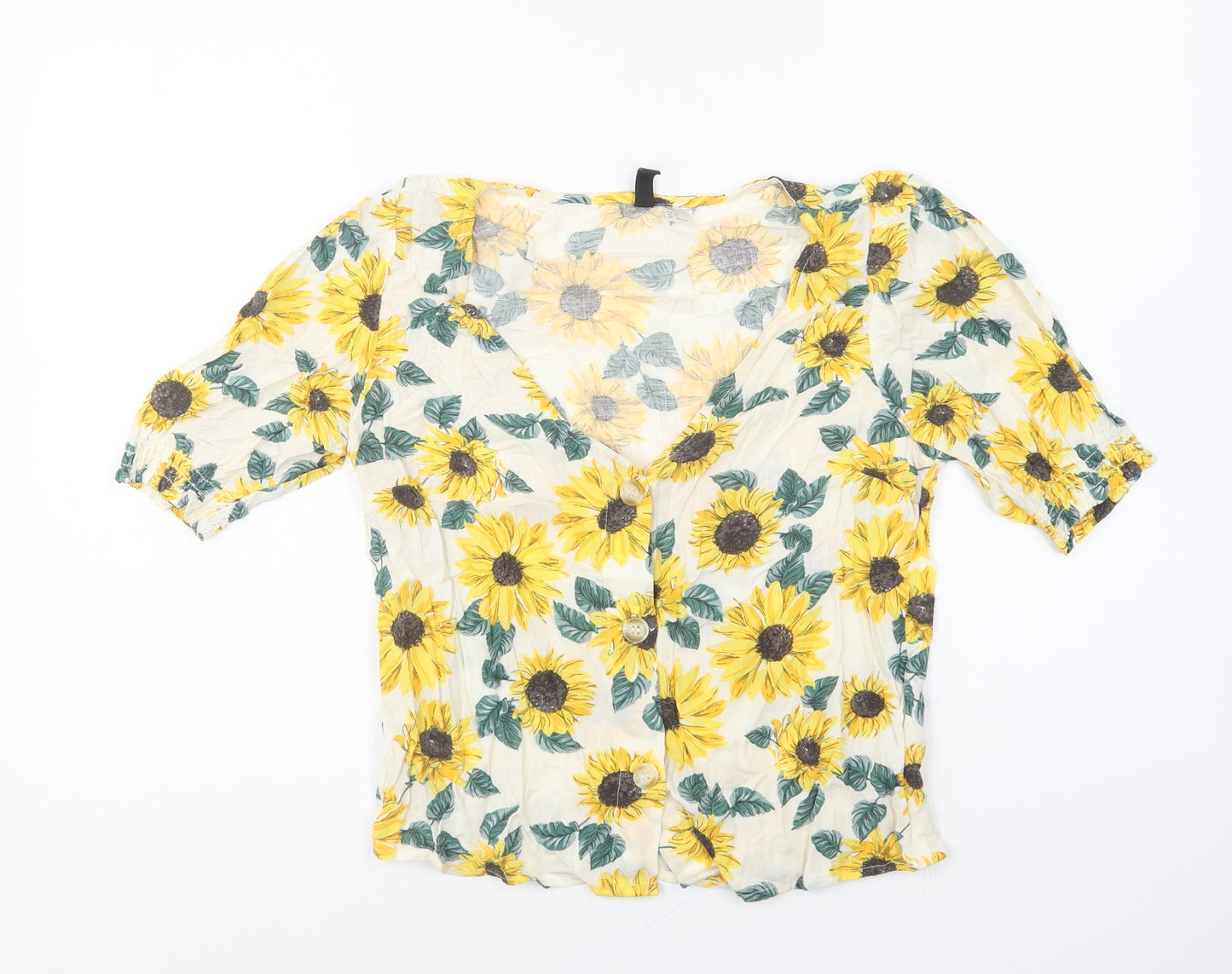 Divided by H&M Womens Yellow Floral Viscose Basic Button-Up Size 4 V-Neck