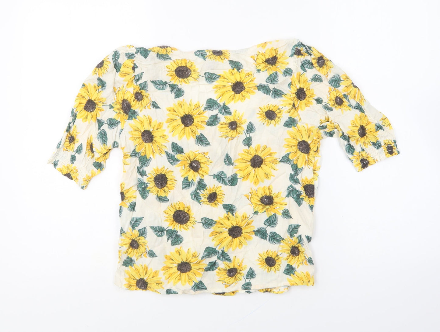 Divided by H&M Womens Yellow Floral Viscose Basic Button-Up Size 4 V-Neck