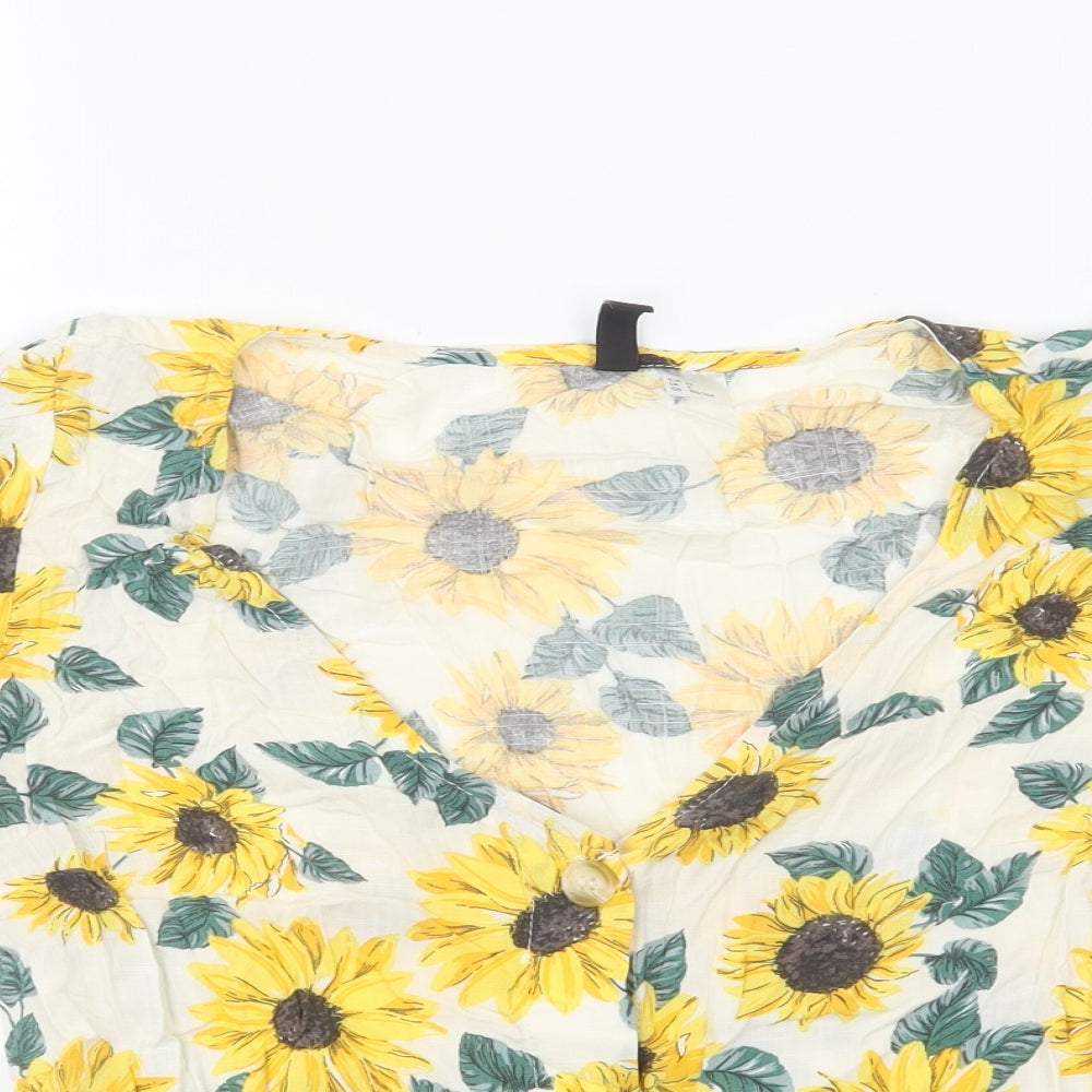 Divided by H&M Womens Yellow Floral Viscose Basic Button-Up Size 4 V-Neck