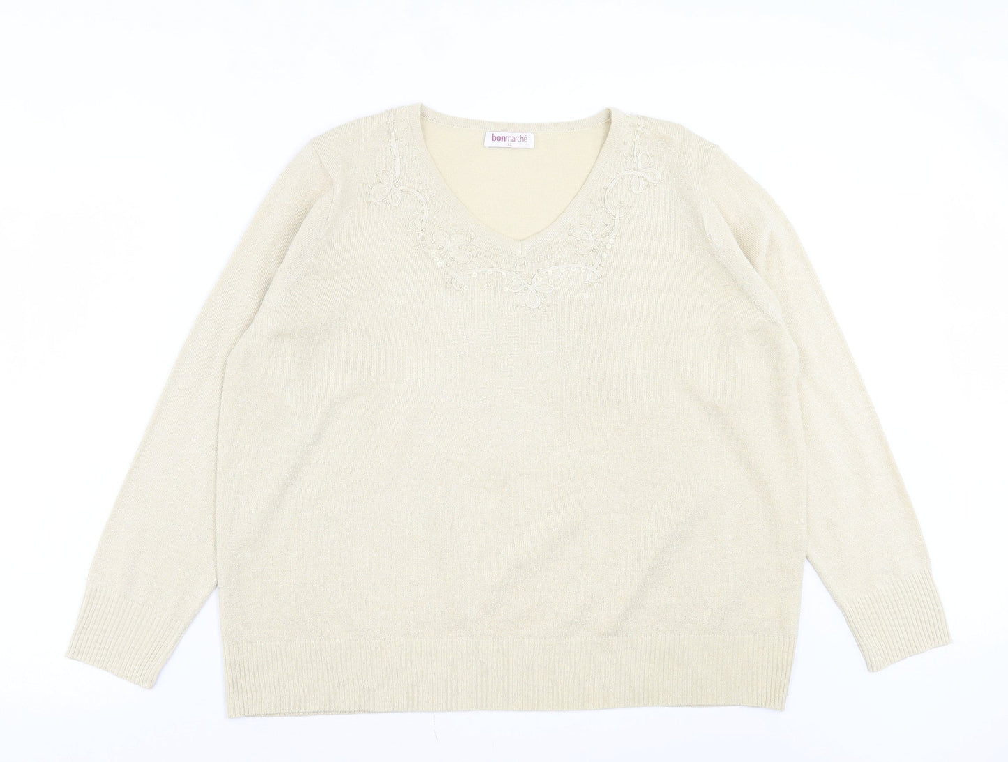 Bonmarché Womens Gold V-Neck Acrylic Pullover Jumper Size XL