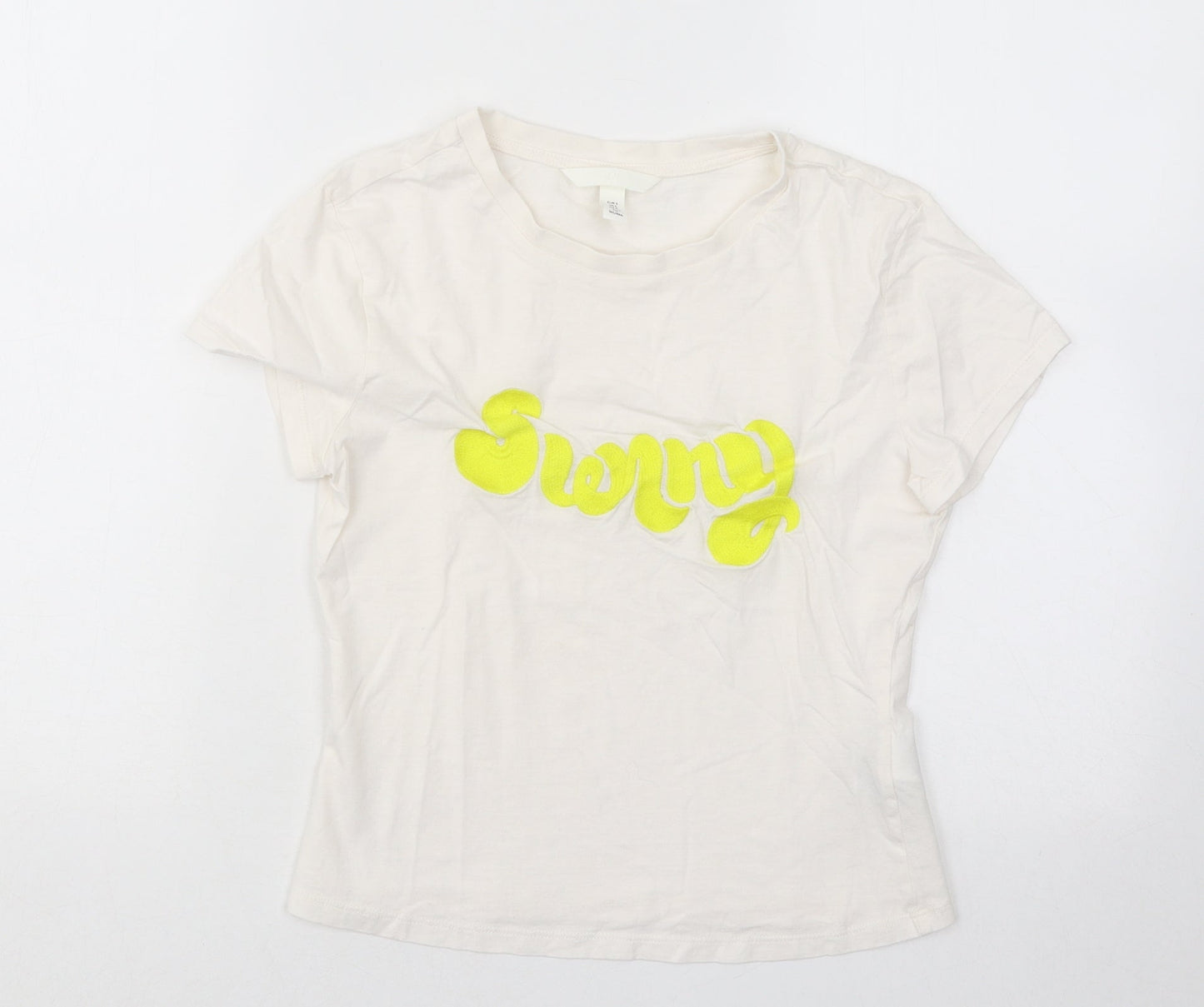 H&M Womens White Cotton Basic T-Shirt Size S Round Neck - Sunny