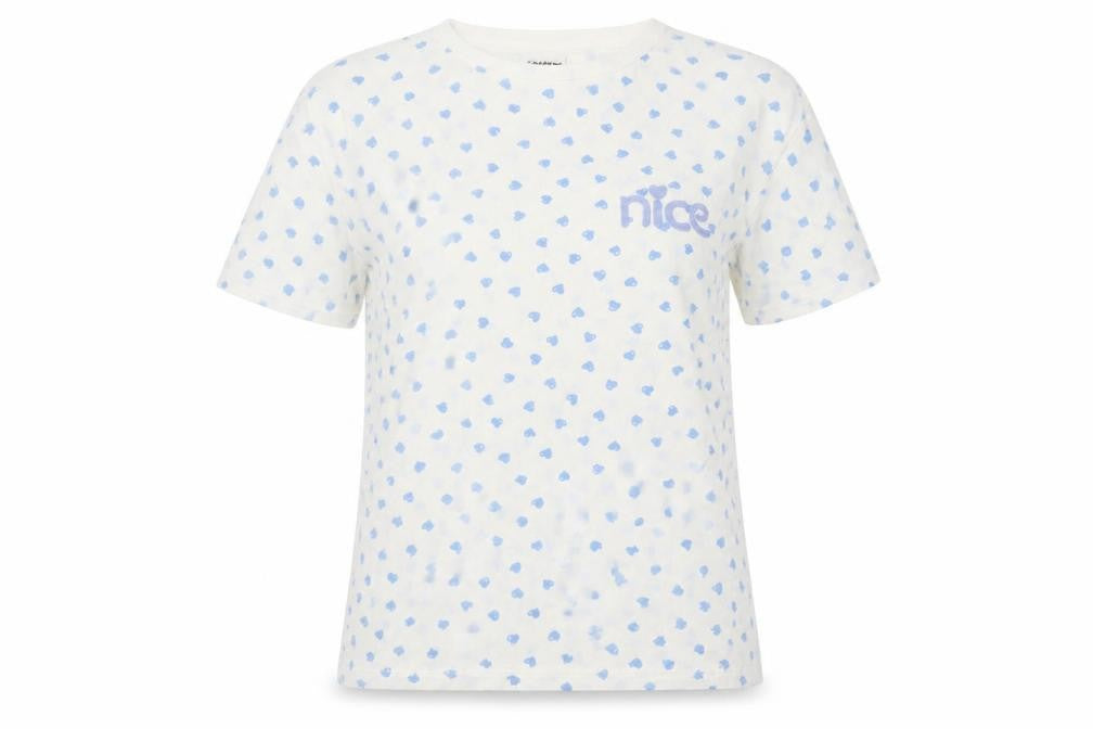 Dorothy Perkins Womens Blue Geometric Cotton Basic T-Shirt Size M Round Neck - Love Heart/Nice