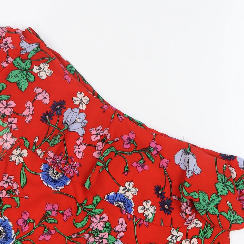 New Look Womens Red Floral Polyester Basic Blouse Size 14 One Shoulder
