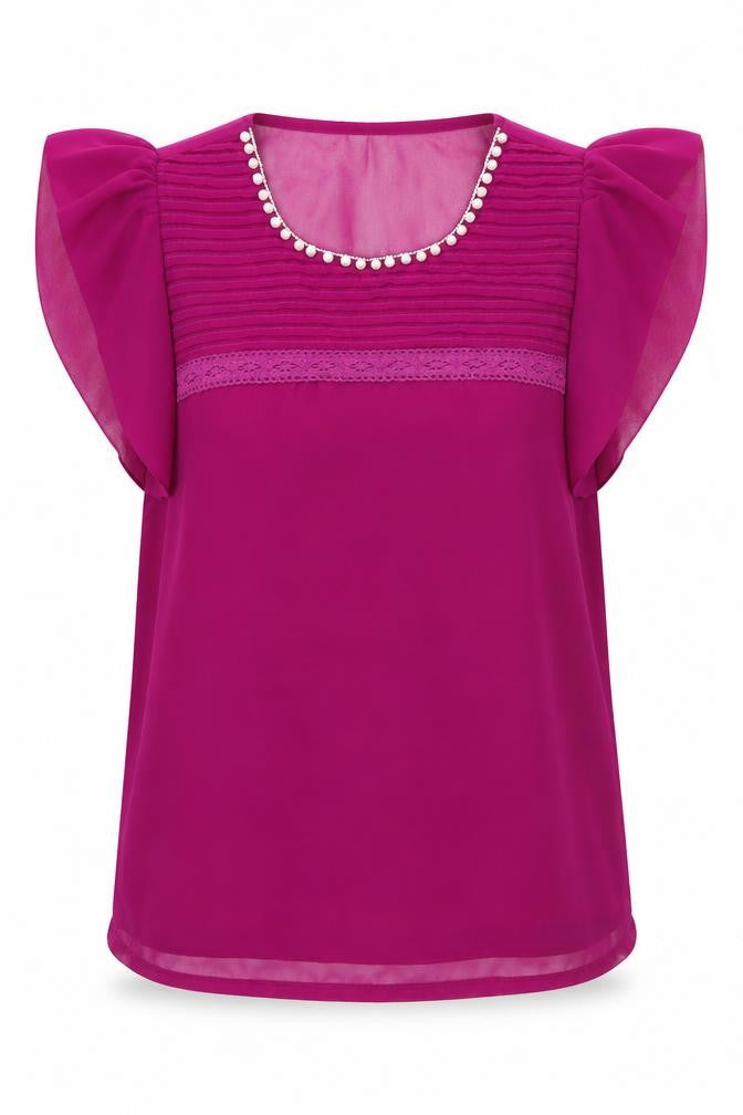 Exhibit Womens Purple Polyester Basic Blouse Size 10 Round Neck - Embellished Collar & lace