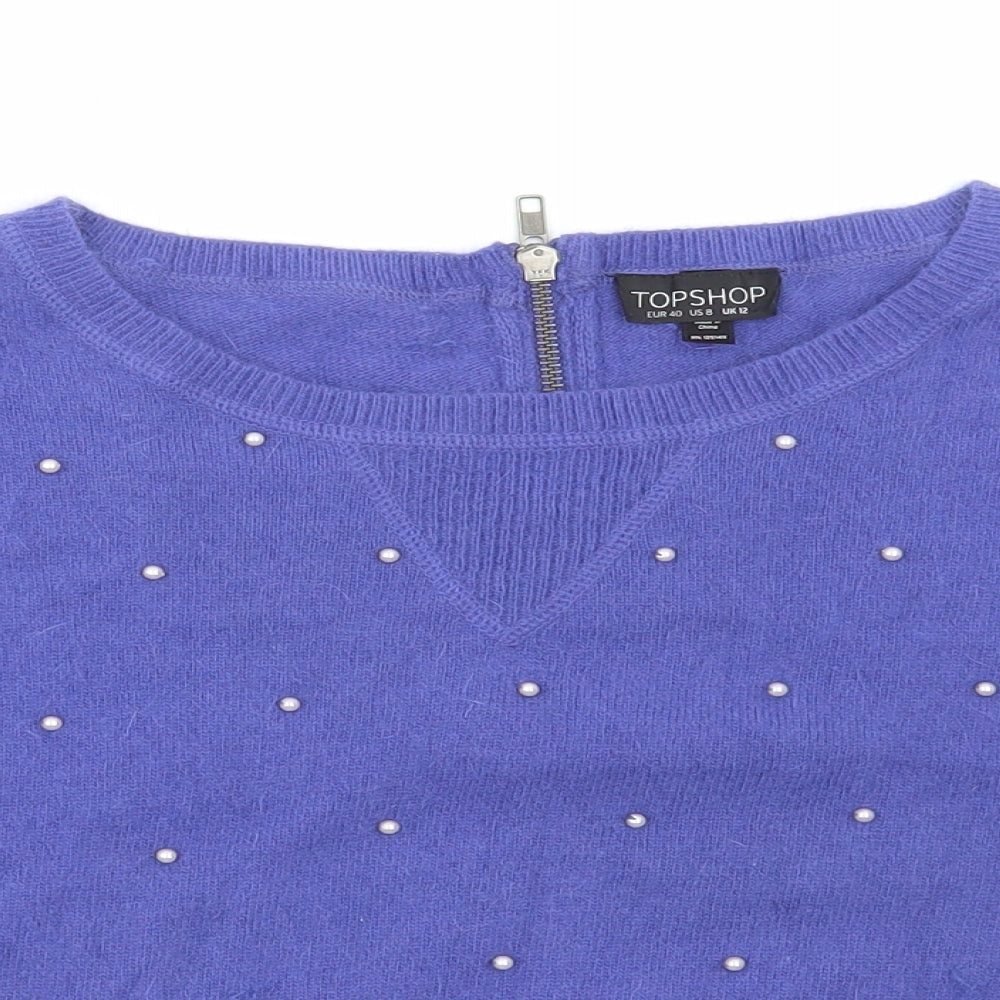 Topshop Womens Blue Round Neck Polka Dot Nylon Pullover Jumper Size 12