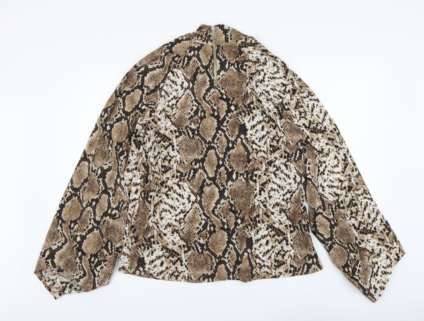 PRETTYLITTLETHING Womens Beige Animal Print Polyester Basic Blouse Size 8 High Neck - Snake pattern