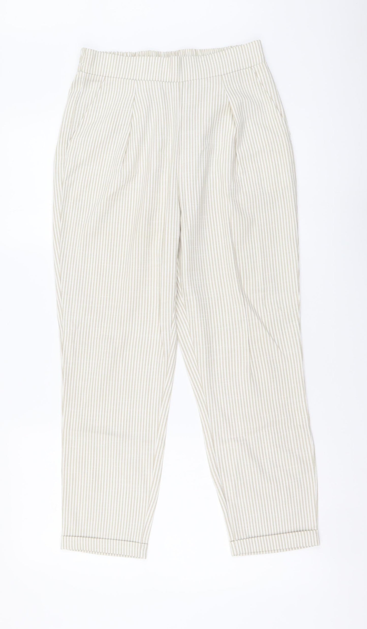 Stradivarius Womens Beige Striped Viscose Chino Trousers Size S L24 in Regular Drawstring
