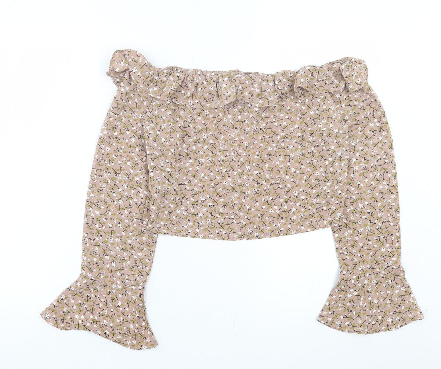 In the Style Womens Brown Floral Polyester Cropped Blouse Size 10 Off the Shoulder