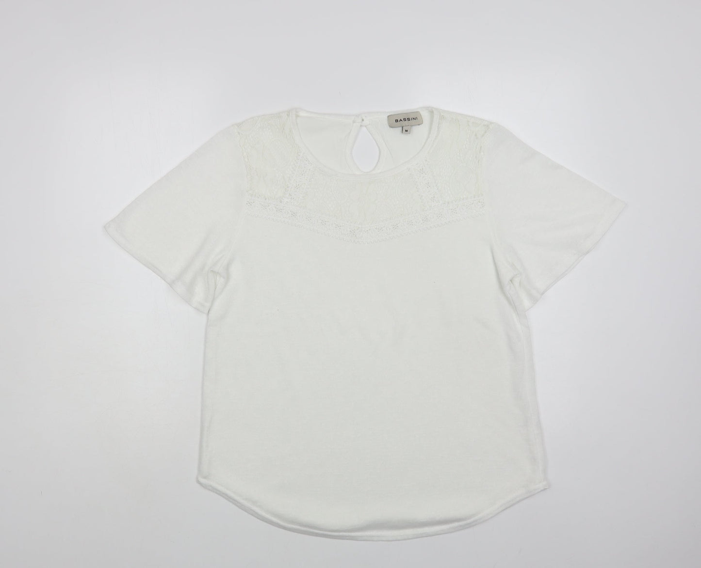 BASSINI Womens White Polyester Basic Blouse Size M Round Neck - Lace detail