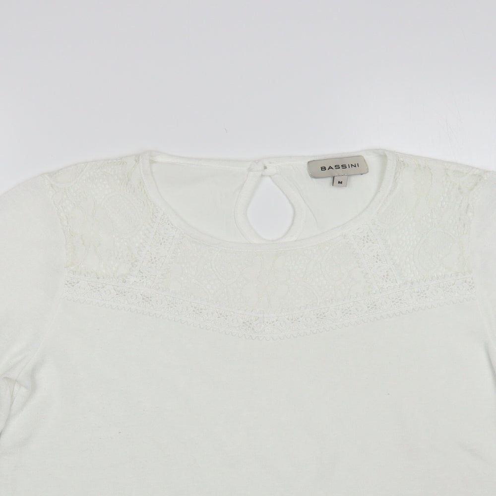 BASSINI Womens White Polyester Basic Blouse Size M Round Neck - Lace detail