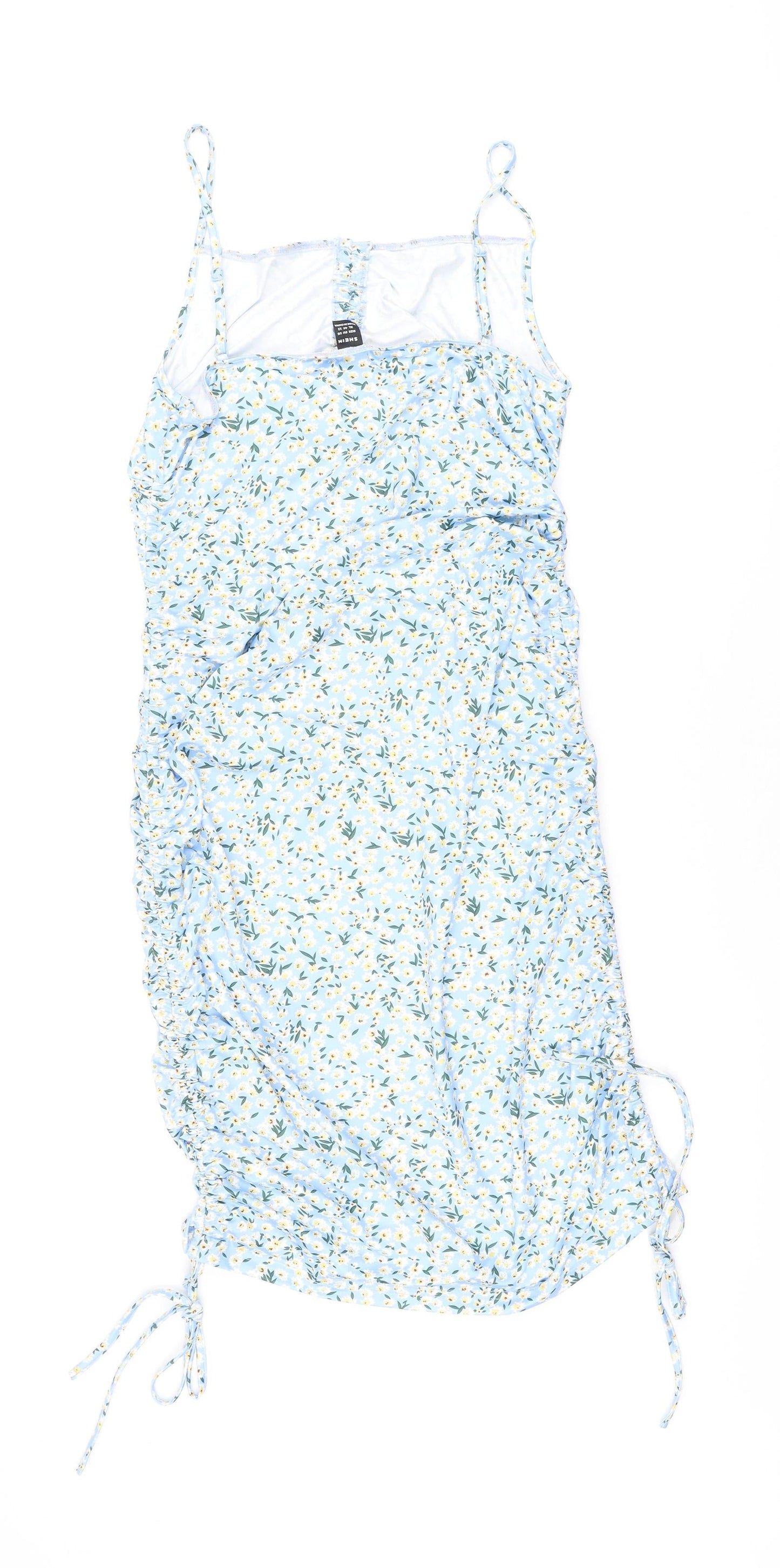 SheIn Womens Blue Floral Polyester Bodycon Size XL Square Neck Pullover - Ruched sides