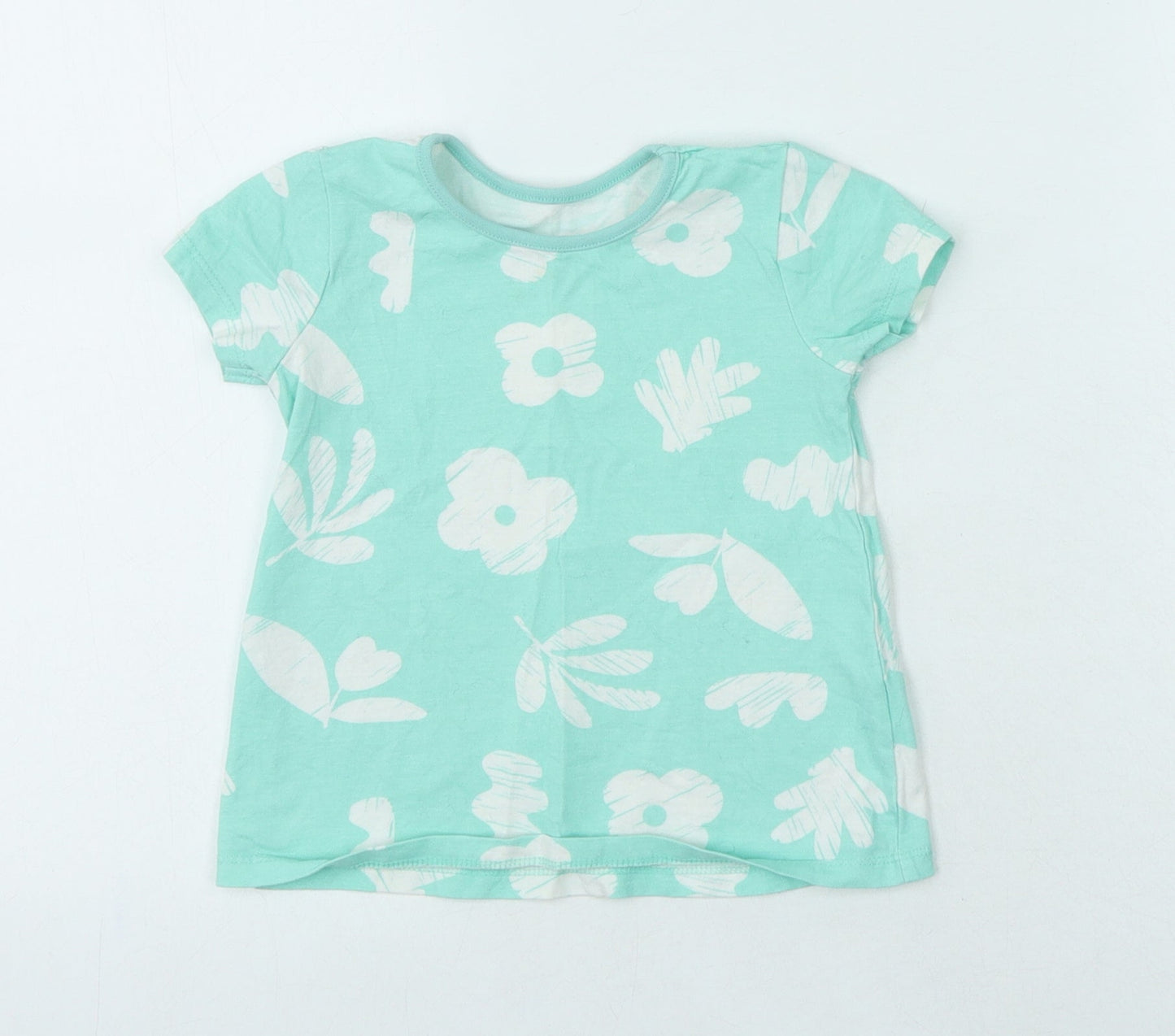 George Girls Green 100% Cotton Jersey T-Shirt Size 18-24 Months Round Neck - Flowers