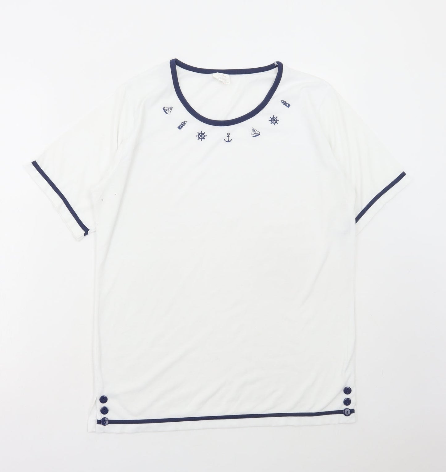 Anne De Lancay Womens White Polyester Basic T-Shirt Size M Round Neck - Marine