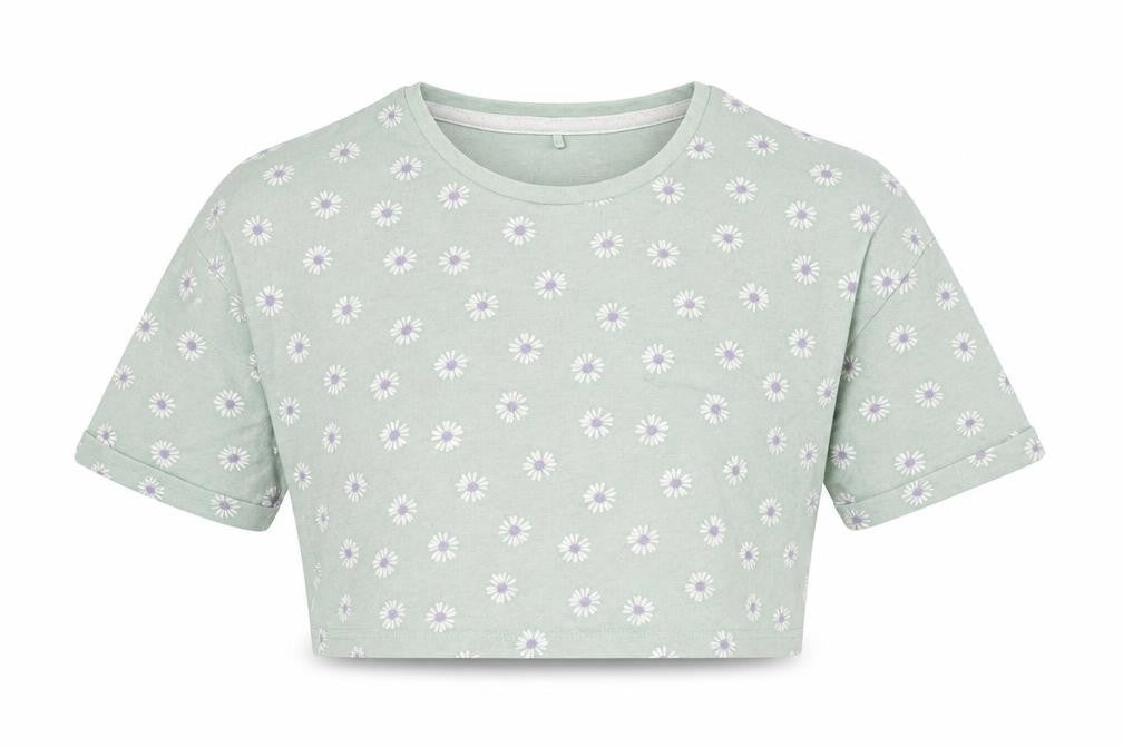 George Girls Green Floral Cotton Cropped T-Shirt Size 6-7 Years Round Neck Pullover