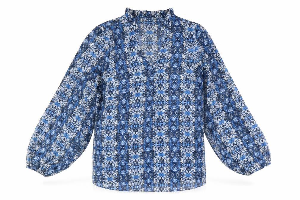 Papaya Womens Blue Geometric Polyester Basic Blouse Size 10 V-Neck