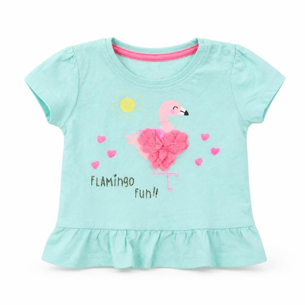 Primark Girls Green Cotton Basic T-Shirt Size 3-6 Months Round Neck Pullover - Flamingo