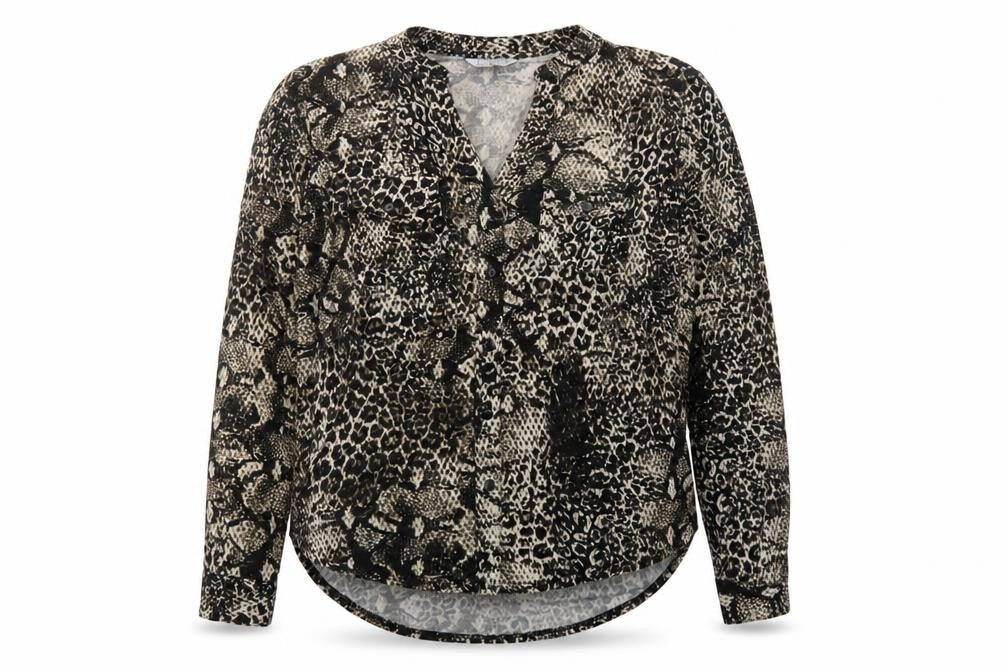 Classics Womens Black Animal Print Polyester Basic Button-Up Size 14 Collared
