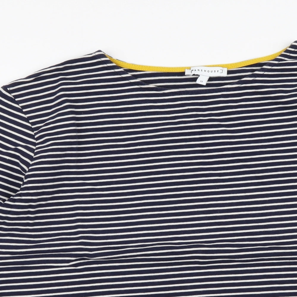Warehouse Womens Blue Striped Cotton Basic T-Shirt Size 12 Round Neck