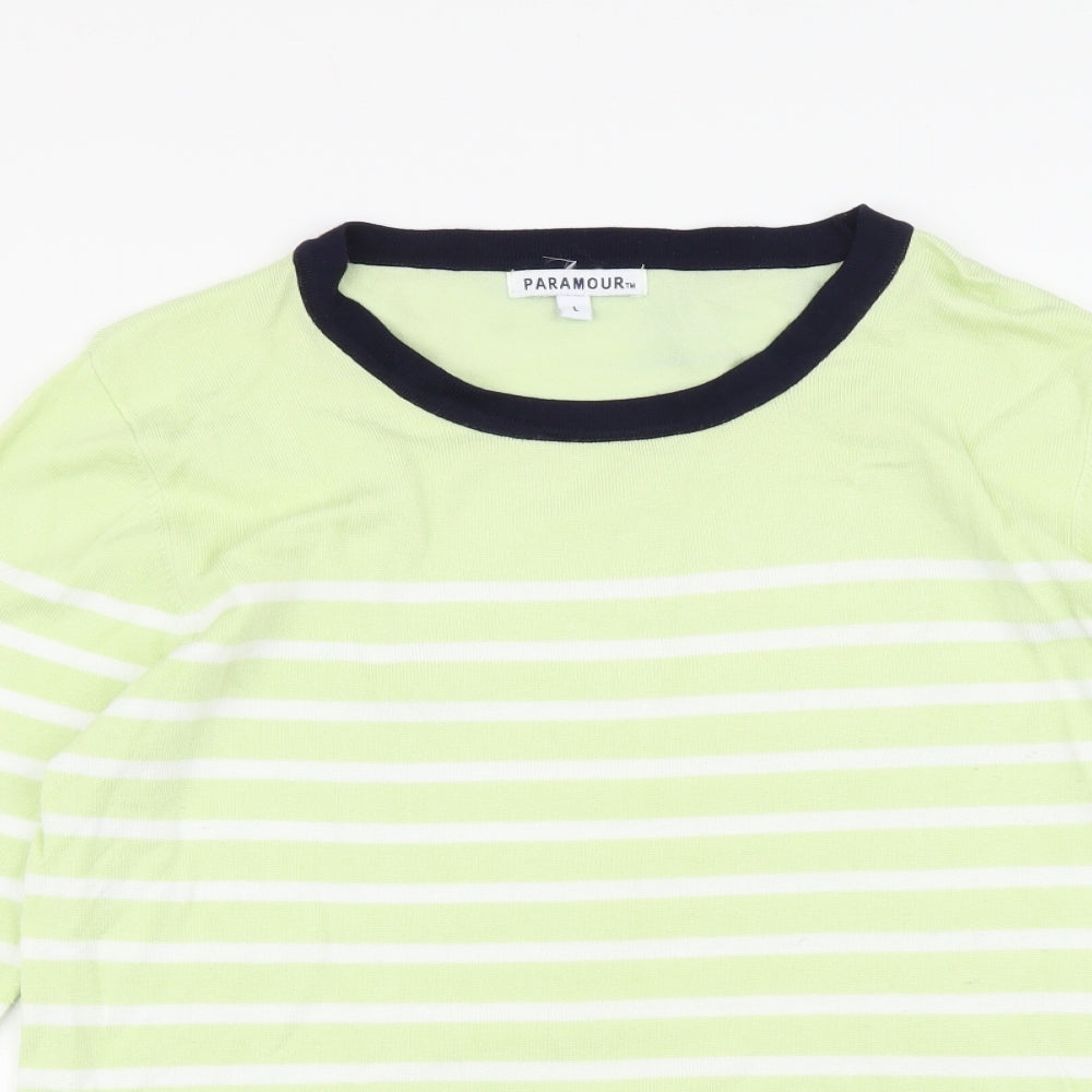 Paramour Womens Green Round Neck Striped Viscose Pullover Jumper Size L