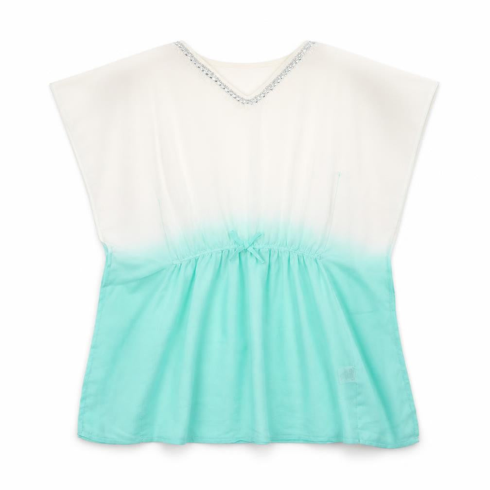 Young Dimension Girls Blue Tie Dye Polyester A-Line Size 8-9 Years V-Neck Pullover - Beach Cover Up