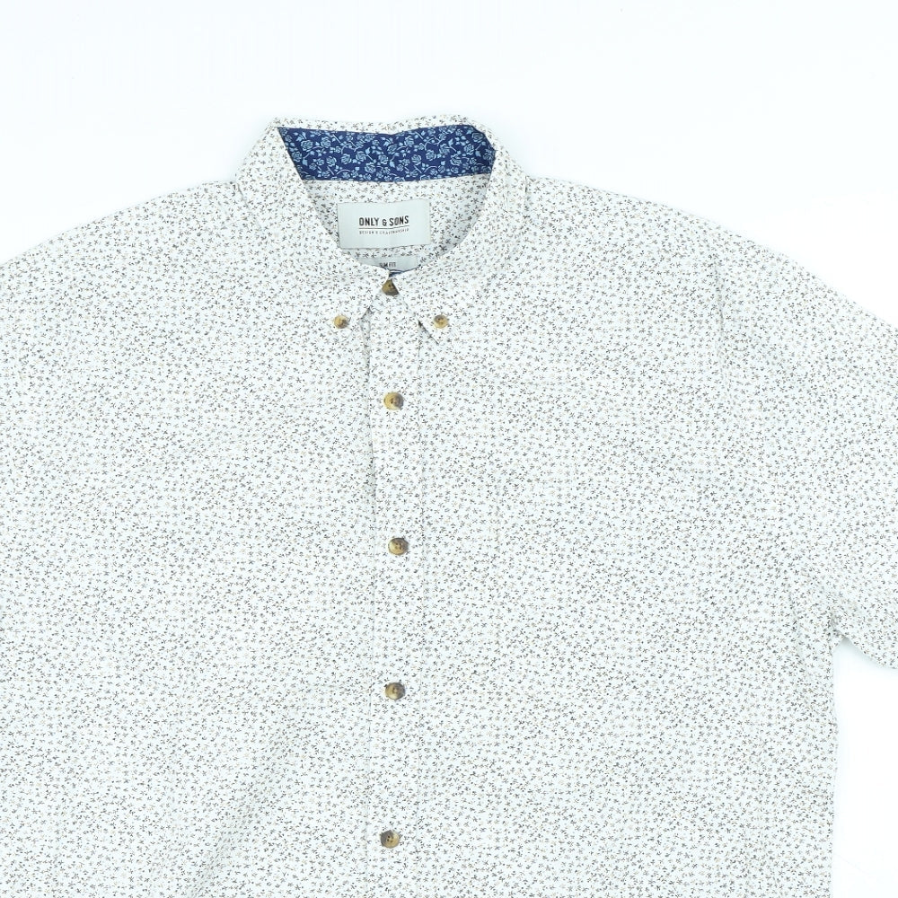 ONLY & SONS Mens White Floral Cotton Button-Up Size XL Collared Button
