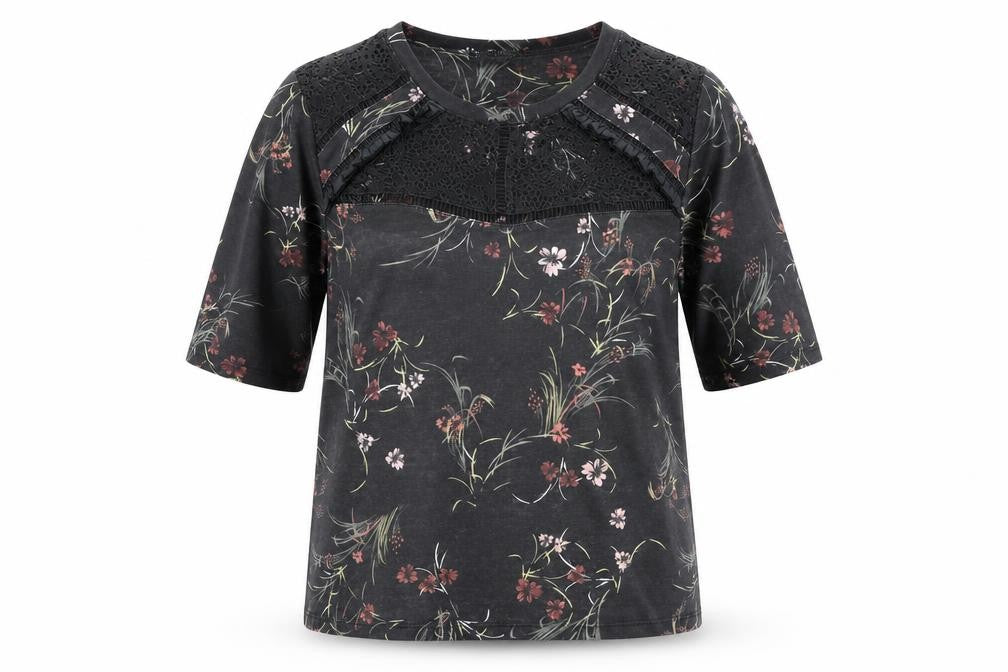 Marks and Spencer Womens Black Floral Polyester Basic Polo Size 12 Round Neck - Lace Collar detail