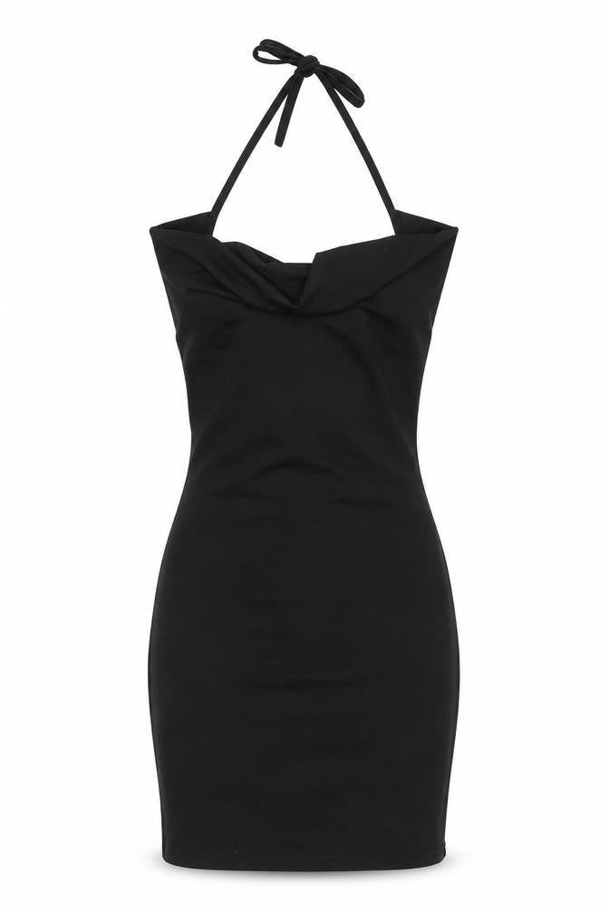 SheIn Womens Black Polyester Bodycon Size S Cowl Neck Tie