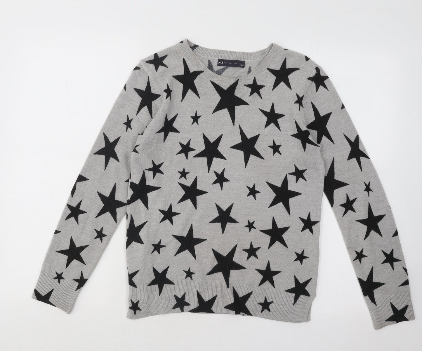 Marks and Spencer Womens Grey Round Neck Geometric Acrylic Pullover Jumper Size 8