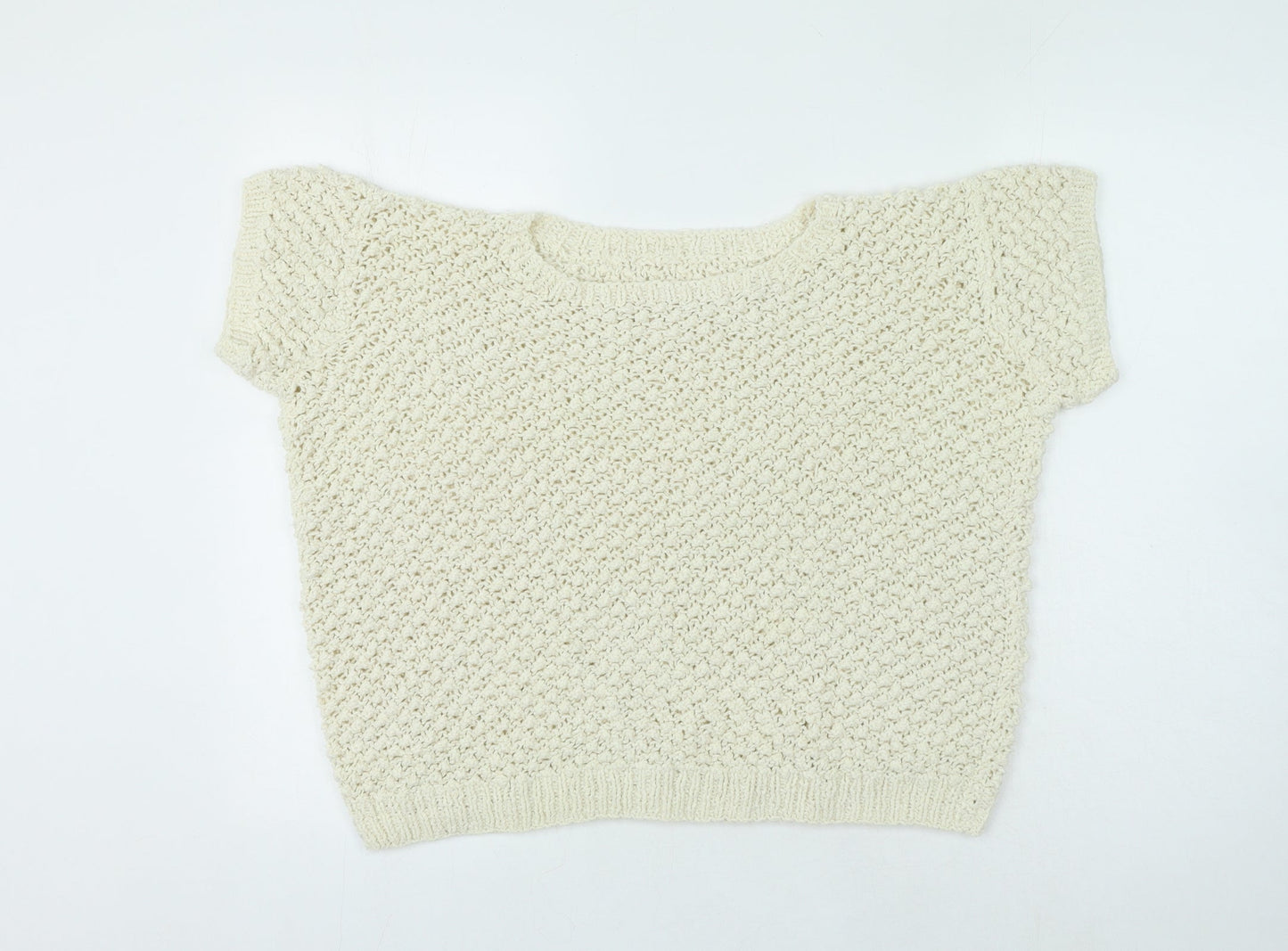 Preworn Womens White Basic T-Shirt Round Neck - Open Knit