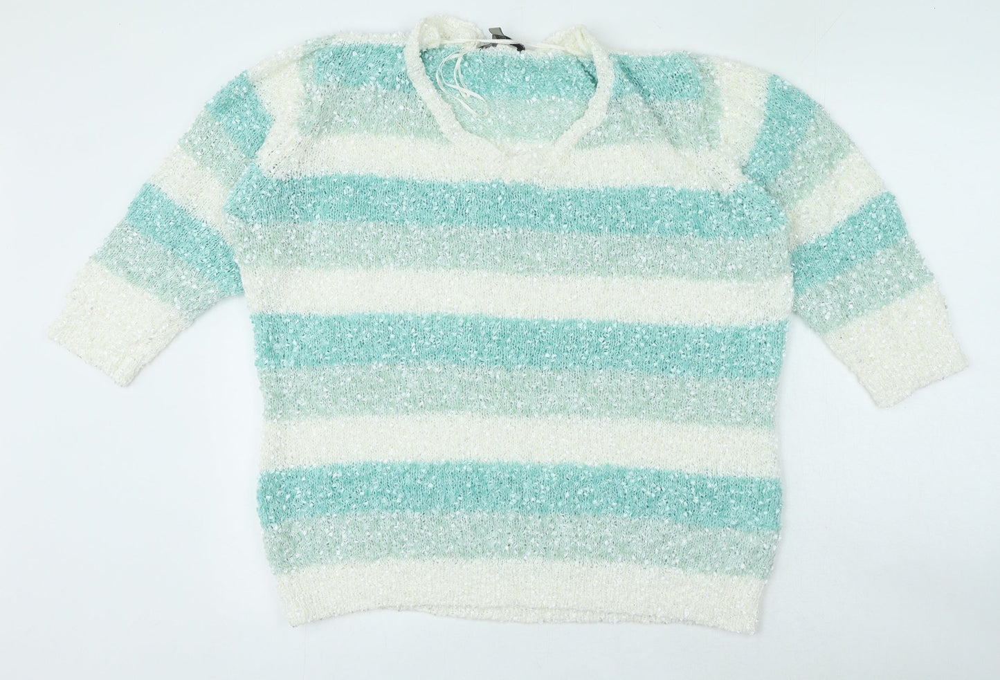 Originals Knitwear Womens Blue V-Neck Striped Polyester Pullover Jumper Size XL