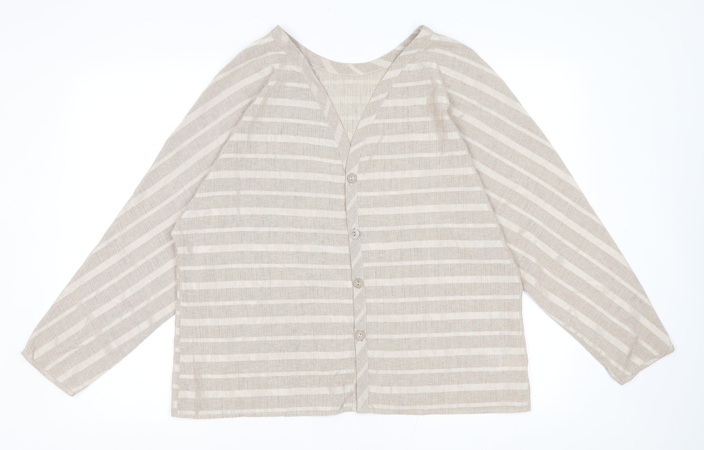 St Michael Womens Beige Striped Polyester Basic Button-Up Size 18 V-Neck