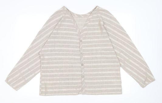 St Michael Womens Beige Striped Polyester Basic Button-Up Size 18 V-Neck