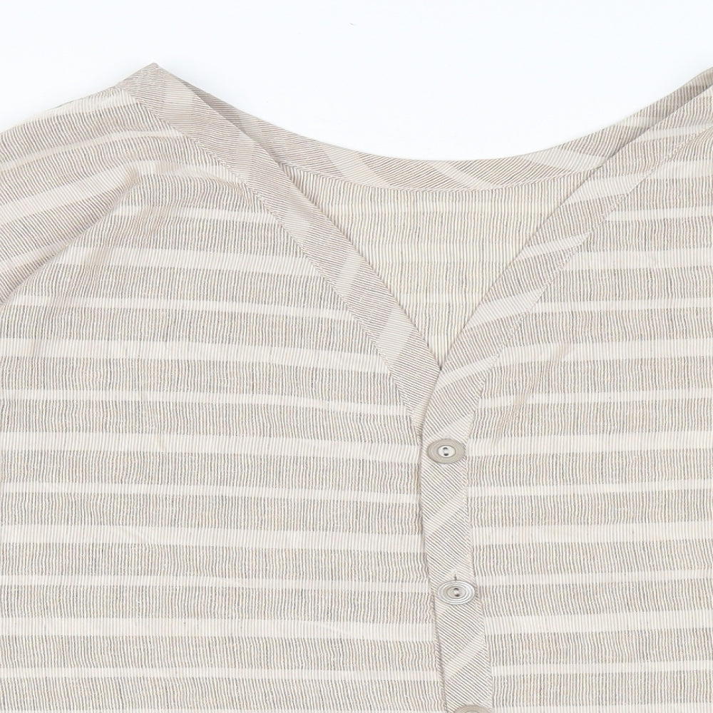 St Michael Womens Beige Striped Polyester Basic Button-Up Size 18 V-Neck