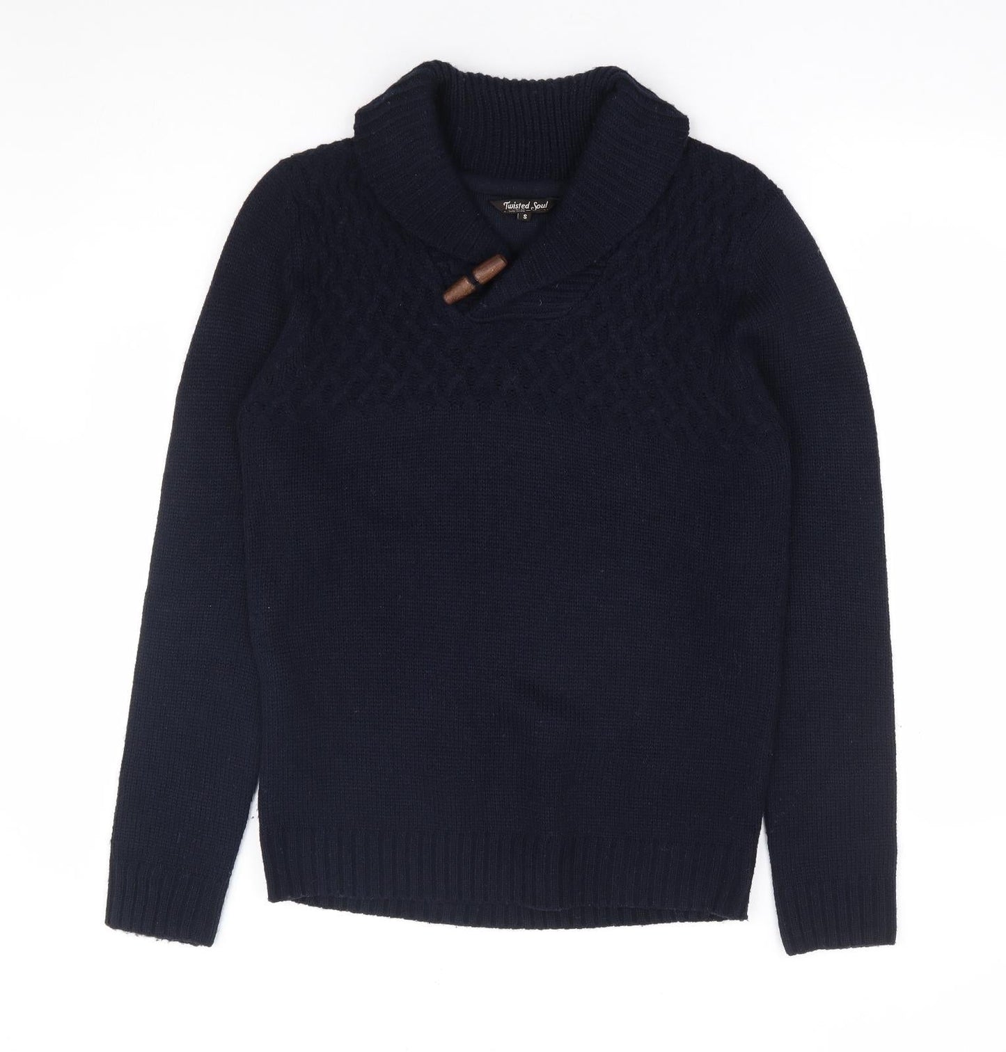 Twisted Soul Mens Blue Collared Acrylic Pullover Jumper Size S