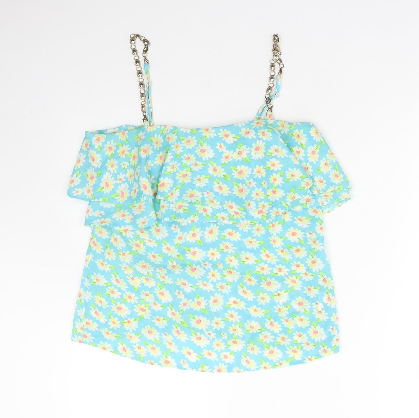 Ravi Famous Womens Blue Floral Cotton Basic Blouse Size 10 Square Neck