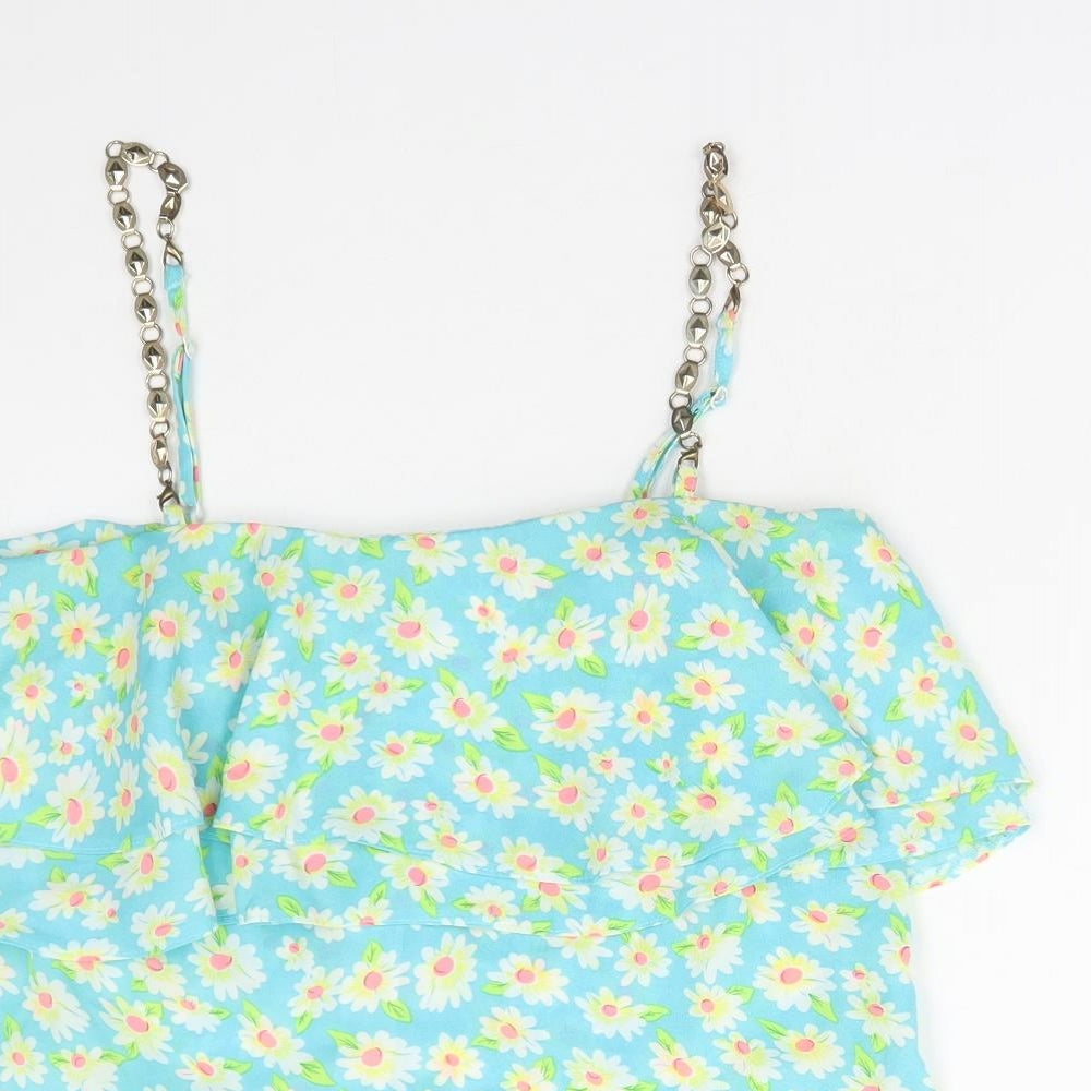 Ravi Famous Womens Blue Floral Cotton Basic Blouse Size 10 Square Neck