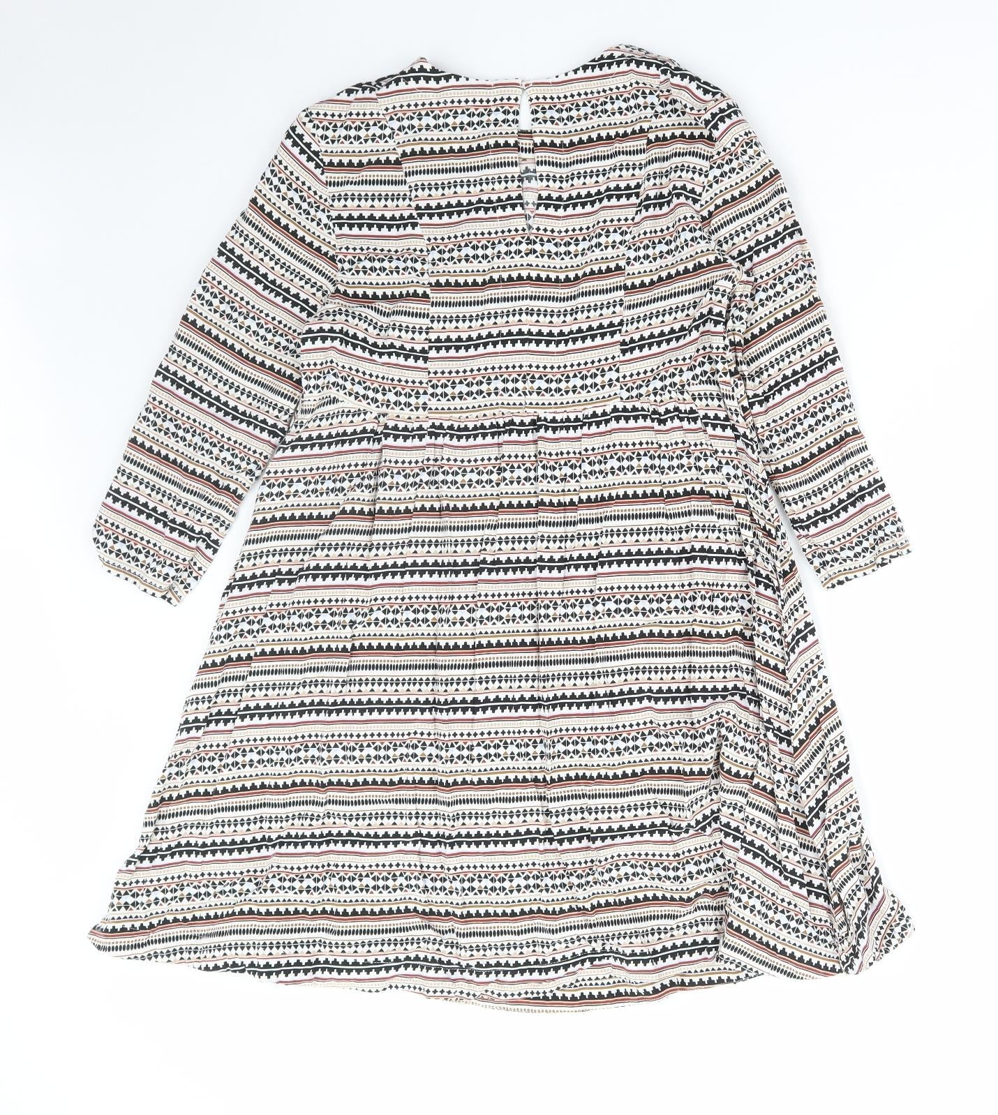 H&M Womens Multicoloured Geometric Viscose A-Line Size 10 Round Neck Button