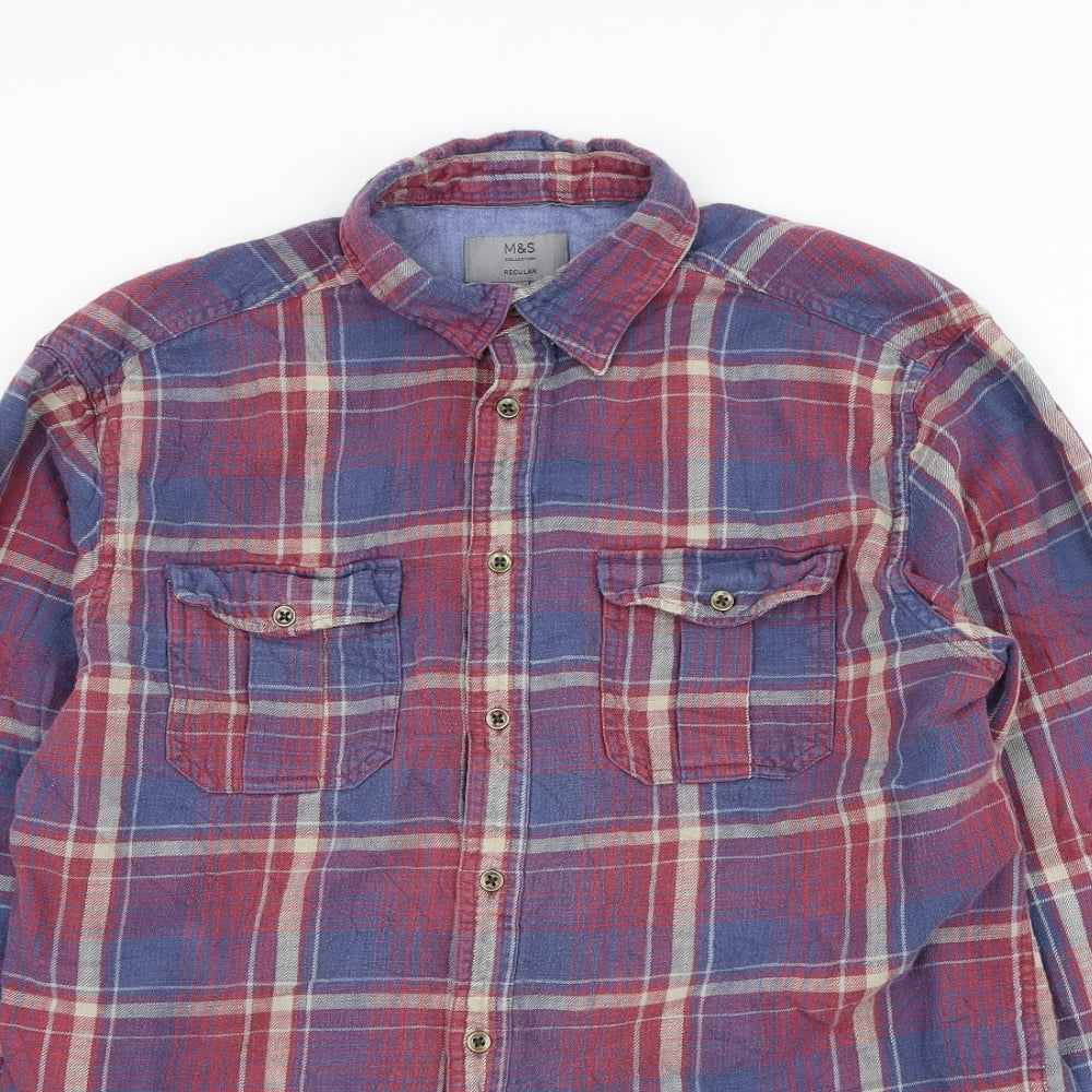 Marks and Spencer Mens Red Plaid Cotton Button-Up Size M Collared Button