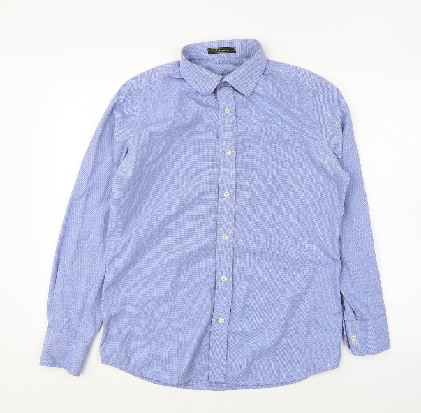 Yaly Couture Mens Blue Polyester Button-Up Size M Collared Button