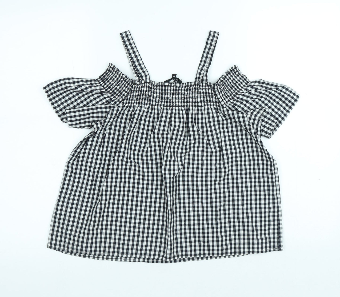 New Look Girls Black Gingham Cotton Basic Blouse Size 15 Years Boat Neck
