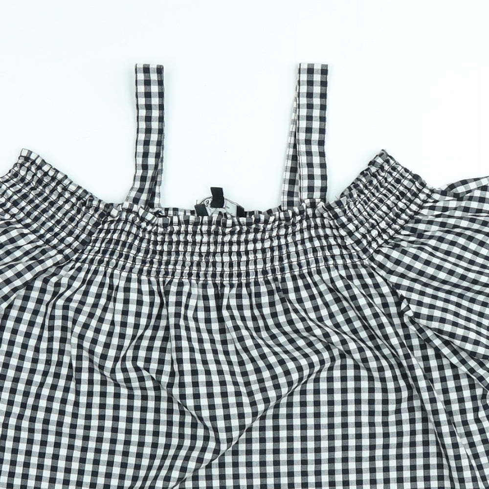 New Look Girls Black Gingham Cotton Basic Blouse Size 15 Years Boat Neck