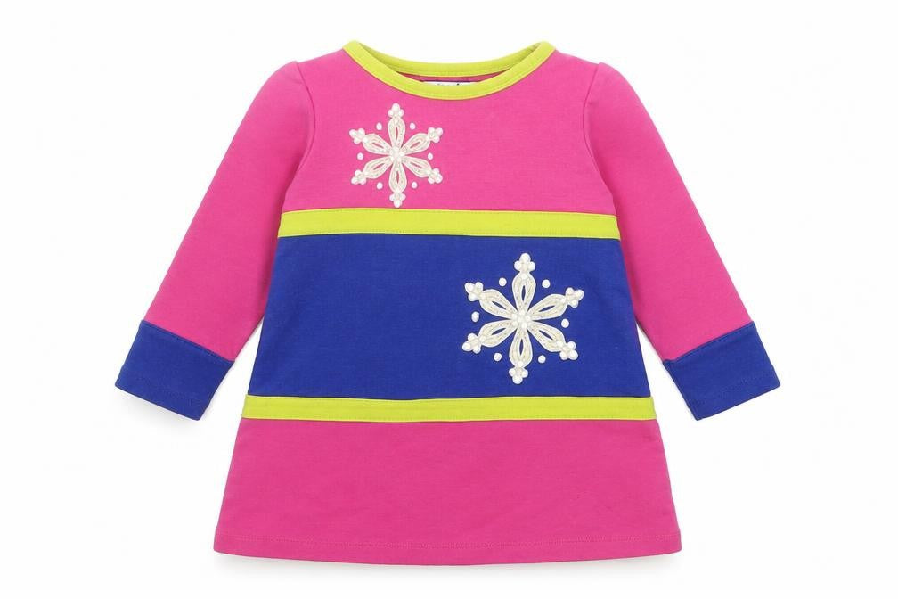 Hartstrings Girls Pink Cotton Jumper Dress Size 18 Months Crew Neck Button - Snowflakes
