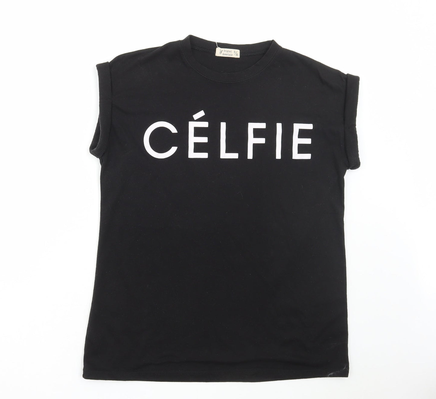 Original Essentials Womens Black Polyester Basic T-Shirt Size S Round Neck - Celfie