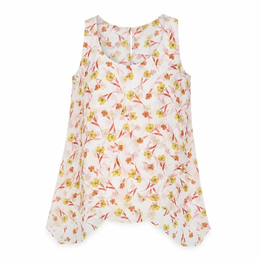 Roman Womens Ivory Floral Polyester Basic Blouse Size 12 Scoop Neck - Hanky Hem