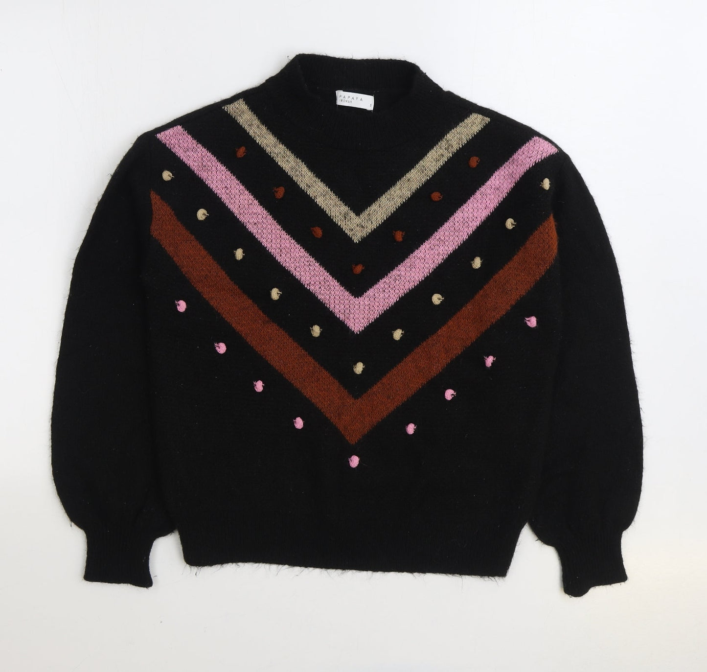 Papaya Womens Black Mock Neck Geometric Acrylic Pullover Jumper Size S
