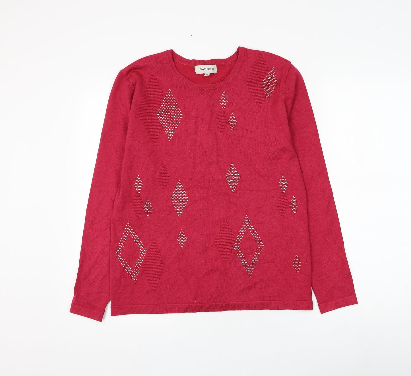 BASSINI Womens Pink Round Neck Argyle/Diamond Viscose Pullover Jumper Size S