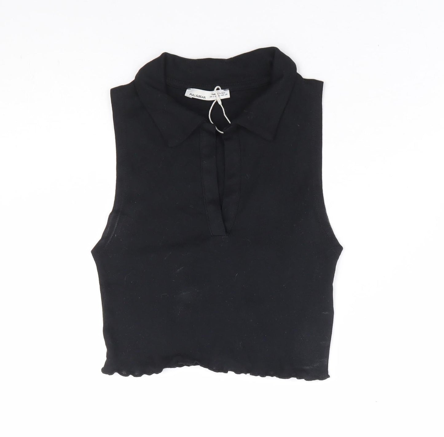 Pull & Bear Womens Black 100% Cotton Cropped Tank Size S V-Neck