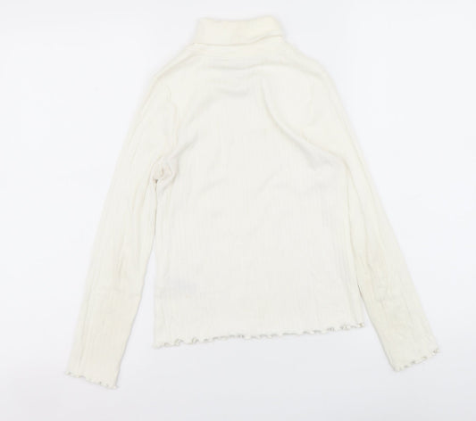 Marks and Spencer Girls Ivory Cotton Basic T-Shirt Size 9-10 Years Roll Neck Pullover